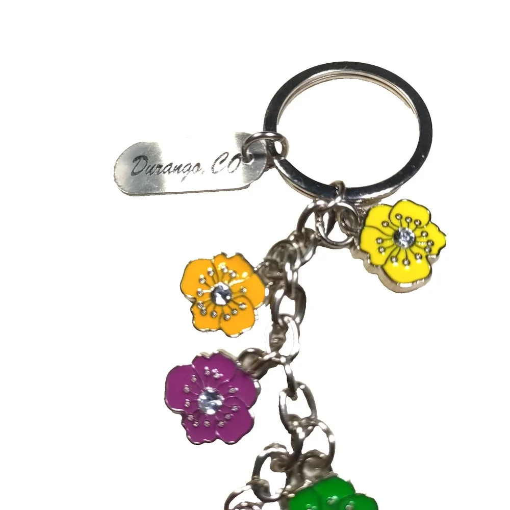 Durango Company Flower Charm Keychain Silver Tone Green Orange Red